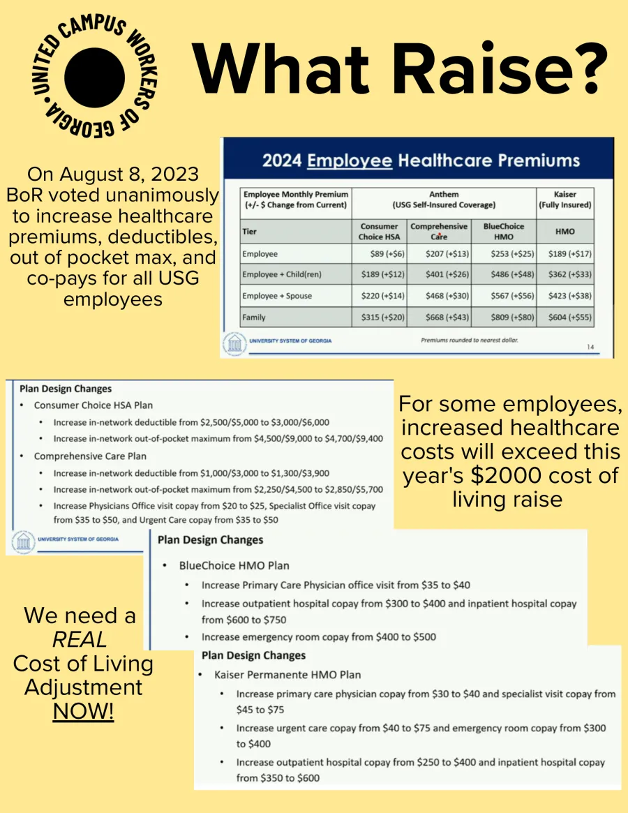 Flyer showing the increase in healthcare costs for USG emloyees